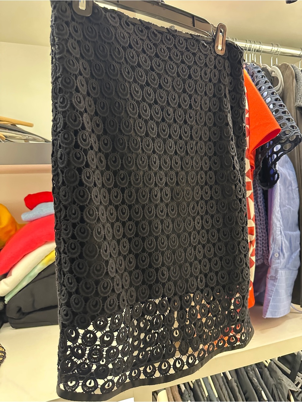 T Tahari Black Circle-Lace Pencil Skirt with Sheer Hem
